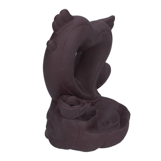 Dark brown ceramic dolphin backflow incense burner with incense opening and curled tail