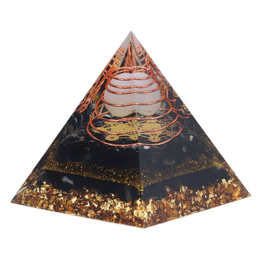 Decorative pyramid ornament with black and gold glitter, copper ring and filigree design