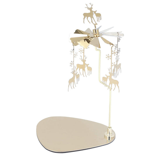 Rotating wind chime candle holder with deer silhouettes, round plate base, gold-tone top