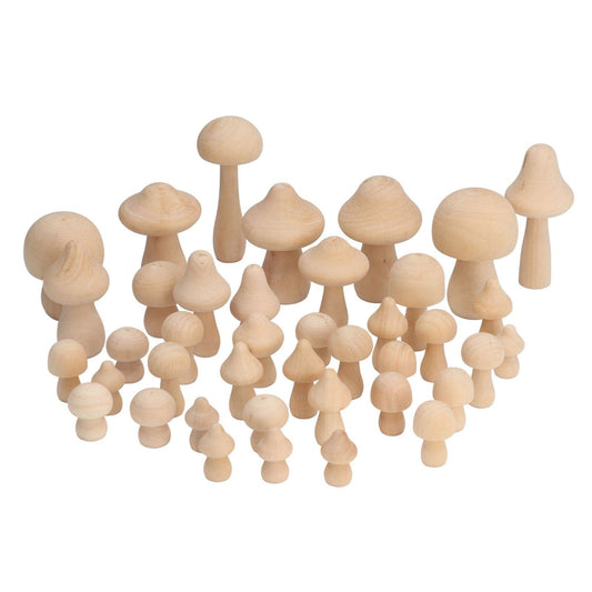 Unpainted wooden mushrooms in natural wood, assorted caps and stem lengths