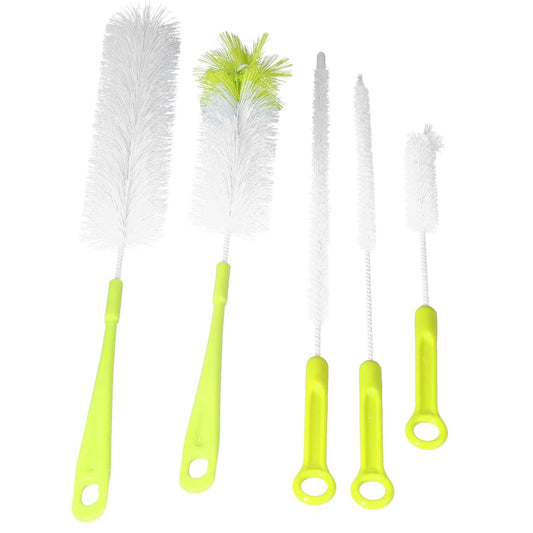 5 long-handled bottle brushes with white bristles and lime-green grip handles, varying sizes
