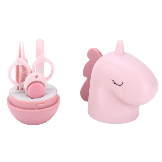 Pink cartoon-shaped nail care tools set with clipper, file, tweezers, and case.