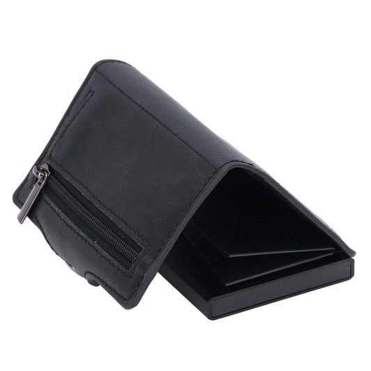 Black card holder with zipper pocket and open compartment, angled view
