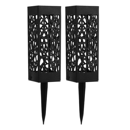Set of 2 black hollow grave flower vases with decorative cutouts and pointed stakes