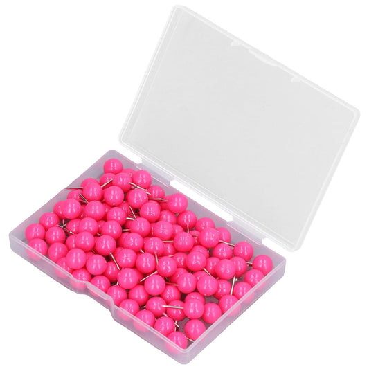 Rose pink push pins in a clear lidded box, silver pointed tips and round heads