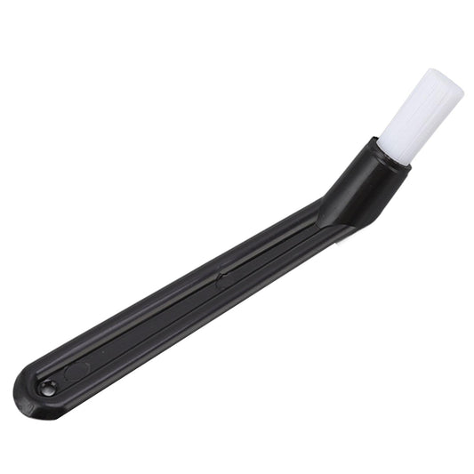Coffee machine cleaning brush tool with black handle and soft white bristle head