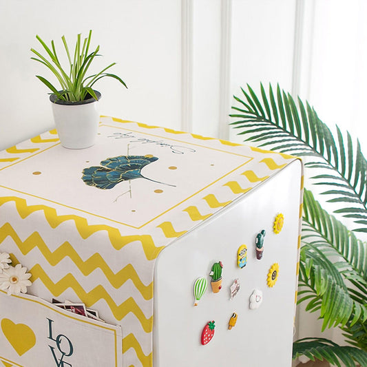 Yellow and white appliance dust cover with cactus print and multicolor fruit icons