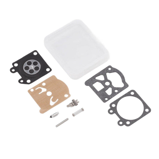 Carburetor gasket kit with clear case, tan and dark gaskets, and metal adjustment parts