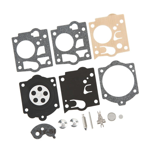 Carburetor gasket kit showing black and tan gaskets, diaphragm parts, and small hardware