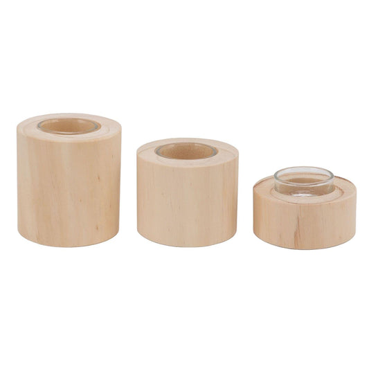 Wooden candle cup holders set of 3, three light wood cylinder bases with top wells