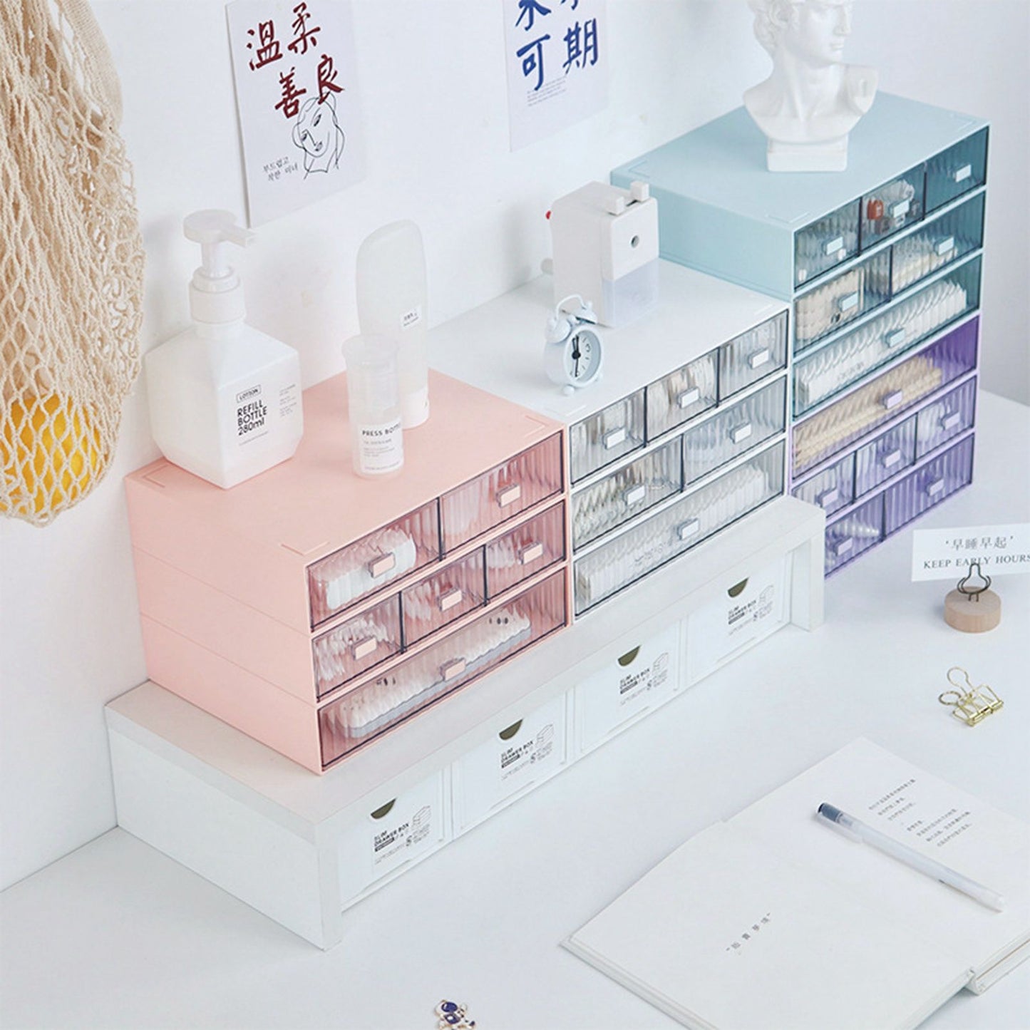 Desktop Drawer Organizer Waterproof Dustproof Plastic DIY Combination Multi Layer Stackable Drawer Storage Case Striped Pink 3 Drawers