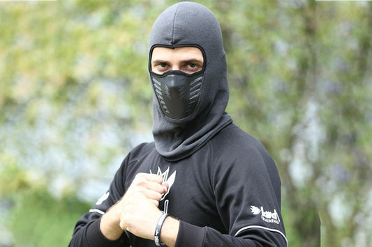 Grey balaclava face mask with ventilated black mouth panel and eye opening