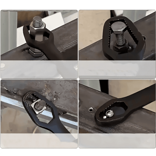 Black adjustable self-tightening box wrench clamped on a metal fastener
