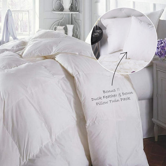 Duck feather and down pillow set, white, with visible corner stitching detail