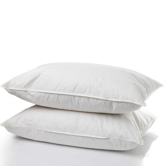 Two white down-filled king pillows with smooth covers