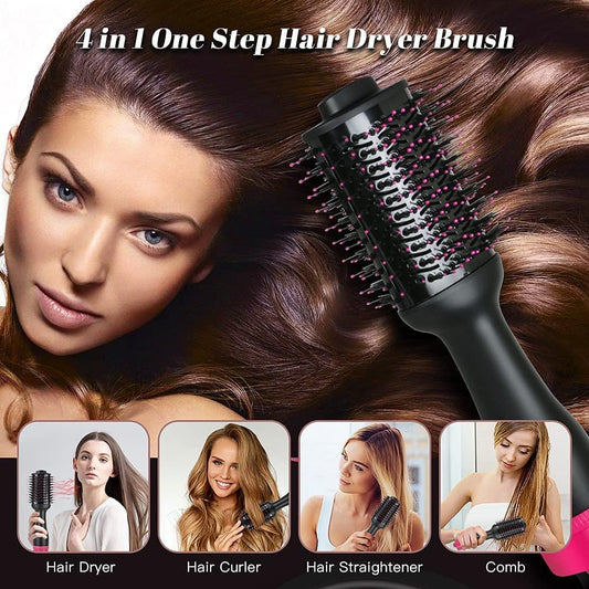 Black hair dryer brush with pink base and spiked bristle head, 4-in-1 style