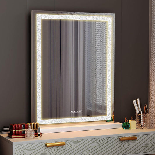 LED vanity mirror with glowing edge trim and clear reflective surface, wall-mounted style