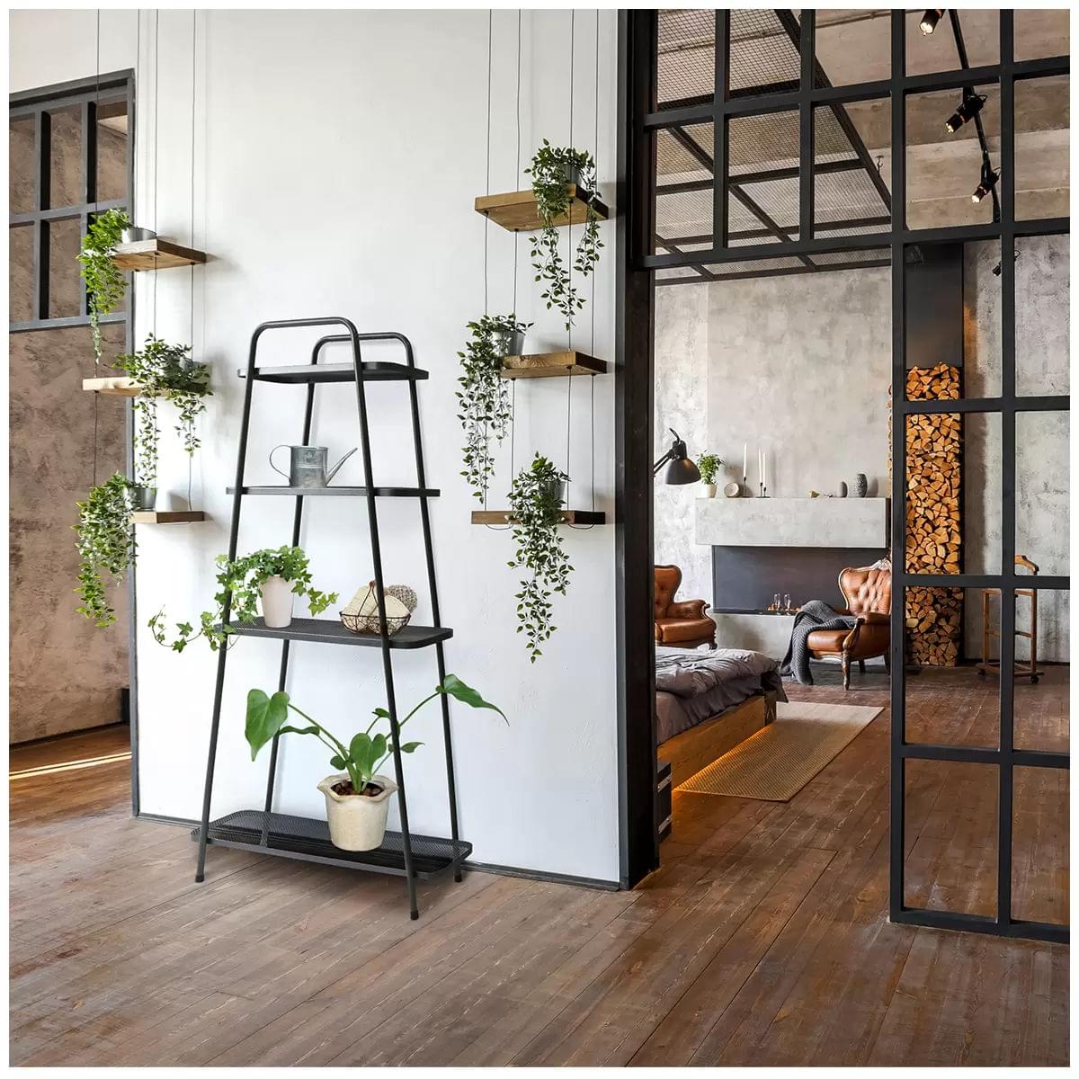 4-tier modern plant stand with dark metal shelves and curved top handle