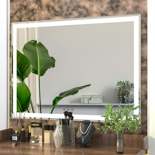 Large rectangular lighted makeup mirror with reflective glass and silver frame