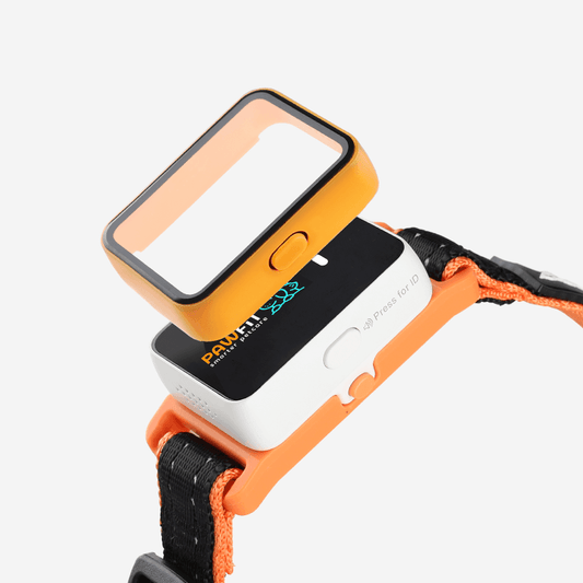 Pawfit 3 device case with orange shell, black screen, side button and wrist strap.