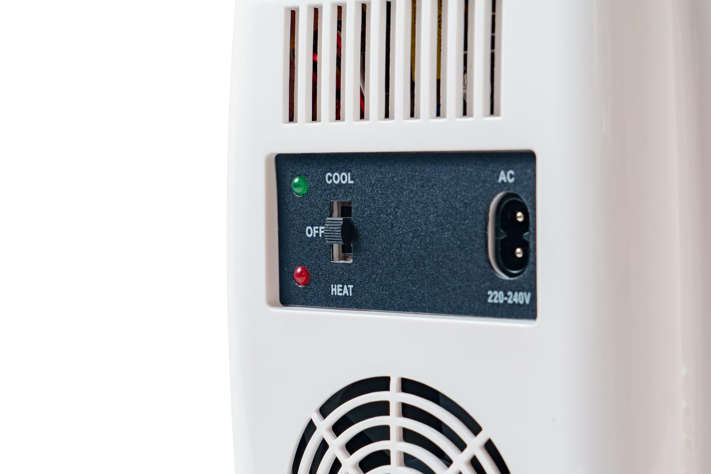 White cosmetics skincare fridge control panel with cool/heat switch and AC port
