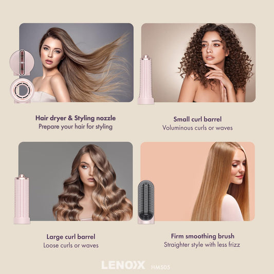 Pink multi-styler with styling attachments: curl barrel, brush, and smoothing head