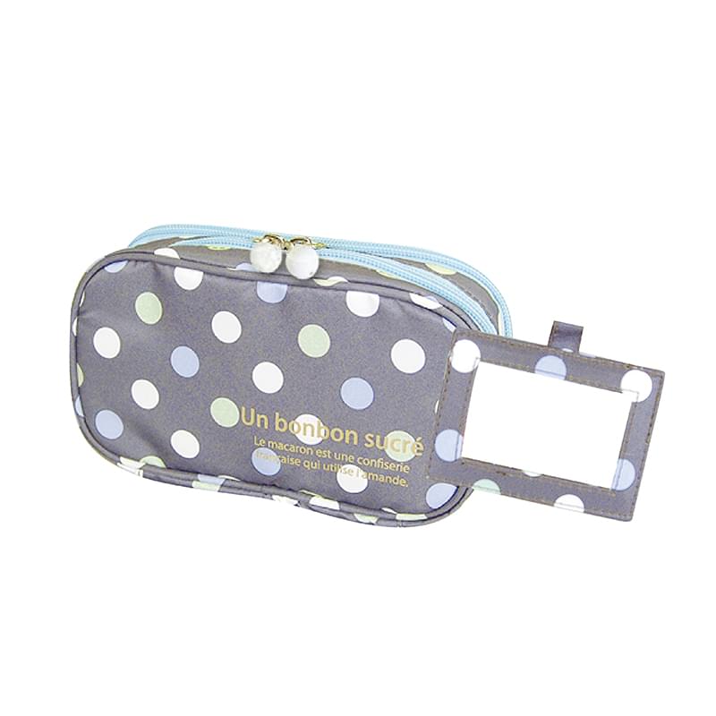 2-layer polka-dot makeup bag with attached mirror frame, light blue zipper and trim