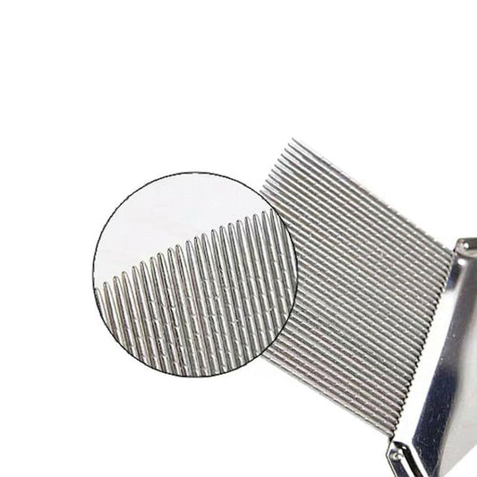 Stainless steel comb head with tightly spaced fine teeth for scalp checking