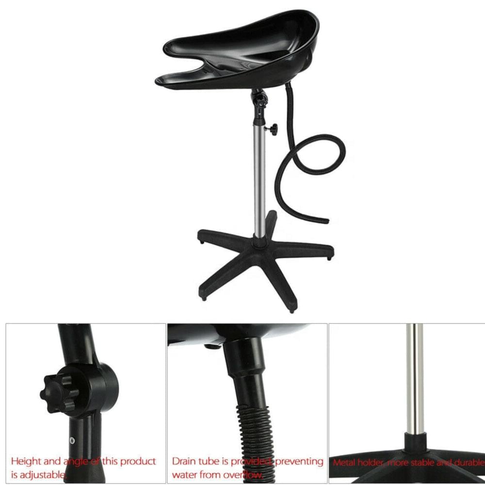 Portable hair-washing basin with stand, black bowl and curved hose, five-leg base