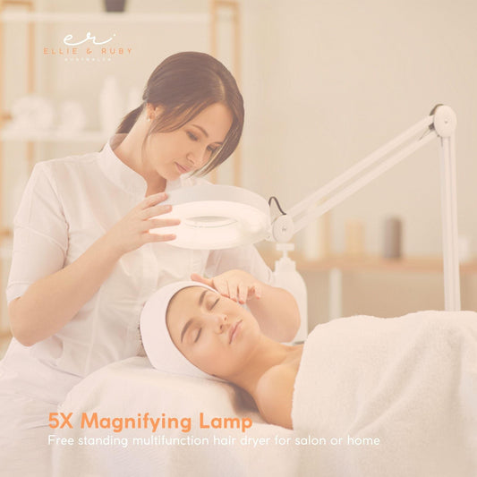 Magnifying floor lamp with round light and magnifying lens, used by beauty professional