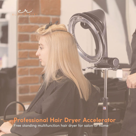 Standing hair dryer accelerator halo ring positioned toward a person’s hair