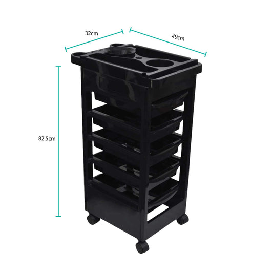 Black 6-tier salon rolling cart with top cup holders and open front shelves