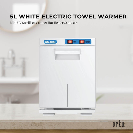White 5L electric towel warmer cabinet with UV and power status lights