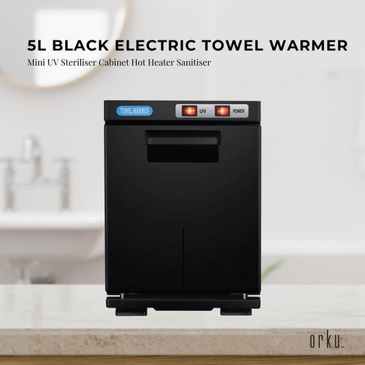 Black towel warmer cabinet with open handle slot and UV and power indicator lights