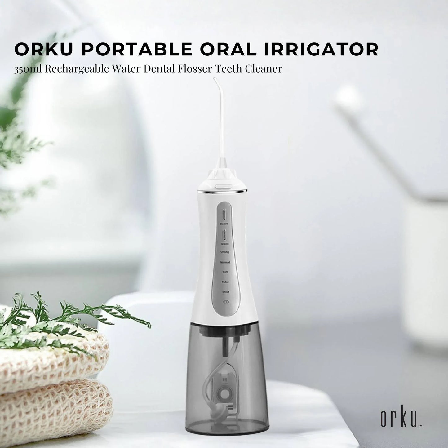 Orku Portable Oral Irrigator Flosser 350ml - Rechargeable Water Dental Teeth Cleaner