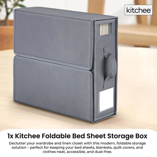 Foldable grey storage box with side handle and front window for viewing contents