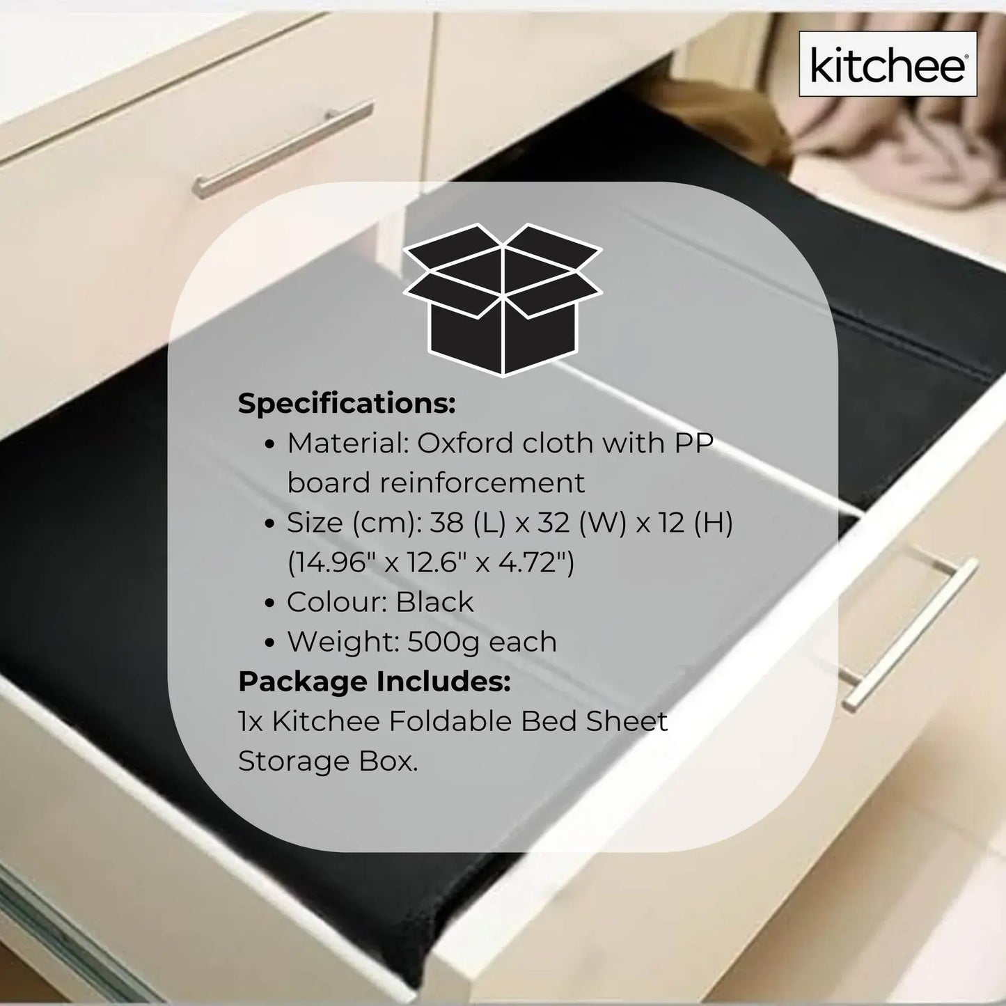 Black foldable storage box with size and material text overlay