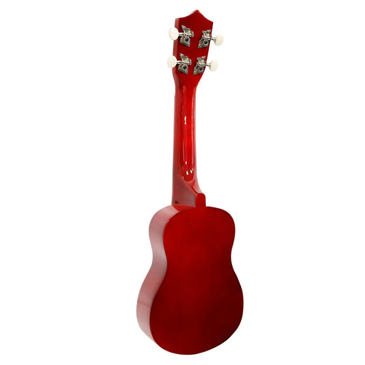 Red ukulele with dark fretboard and silver tuning pegs