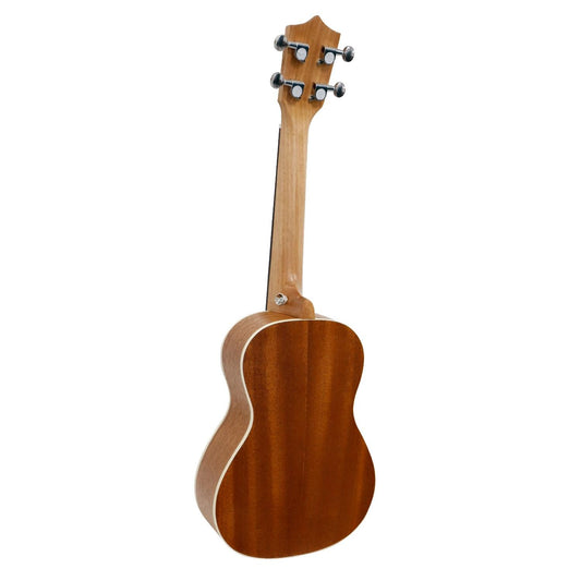 Natural wood ukulele with brown back and chrome tuning pegs