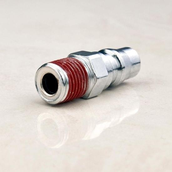 Male air coupling coupler fitting, angled chrome housing with red threaded section
