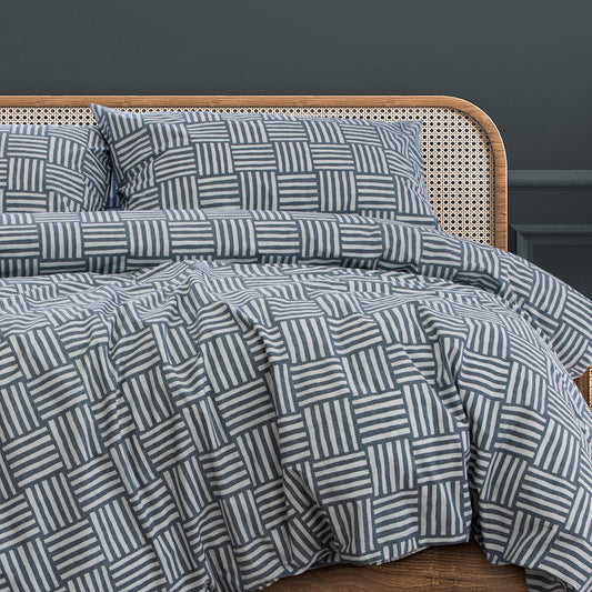 King quilt cover set with Fletcher, blue-and-white geometric print with pillow covers