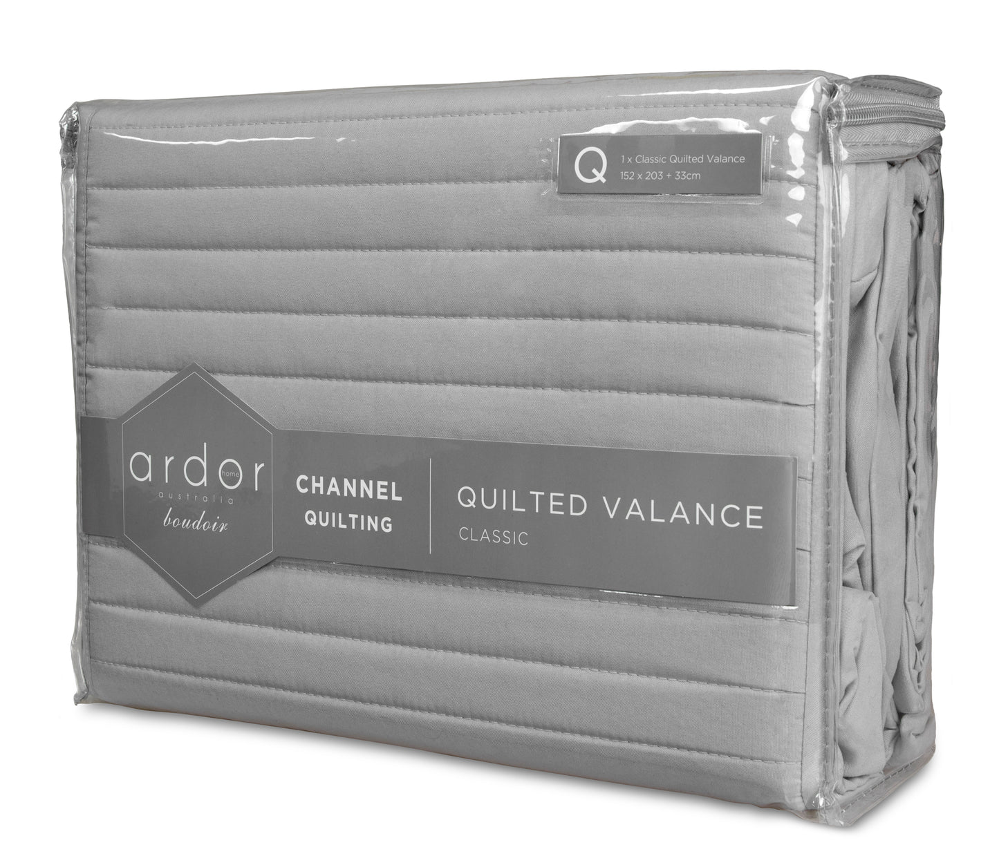 Quilted valance (King Single) gray in retail package, showing quilted channel design