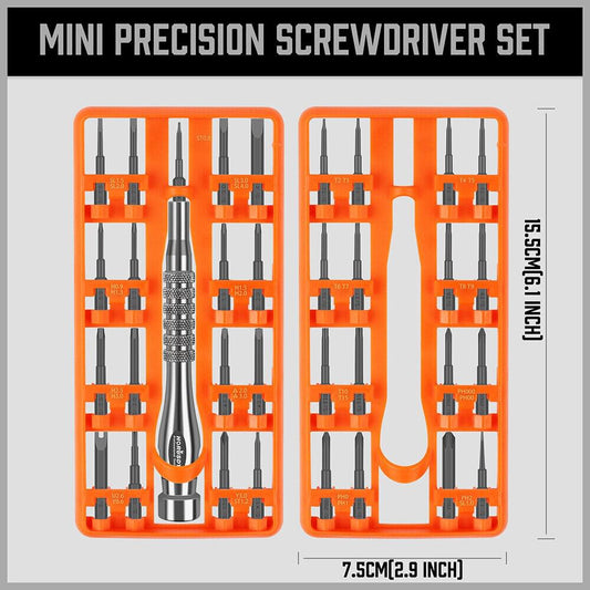 Mini precision screwdriver bit set in orange organizer with metal bits and driver