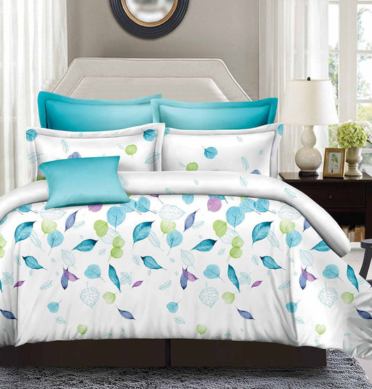King duvet quilt cover set with white leaf print and teal pillows