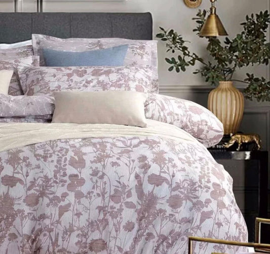 Lilac floral duvet cover with tree-and-bird pattern and square pillow sham