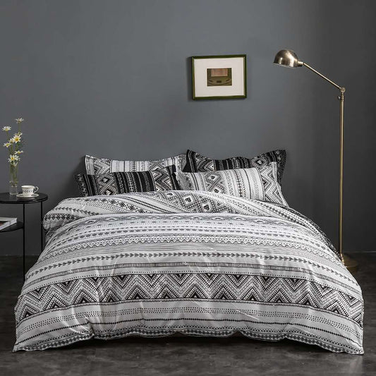 King duvet quilt cover set with light base and black geometric pattern, with pillowcases