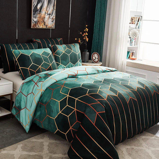 Queen quilt cover set, teal bedding with dark green cube pattern, two pillowcases