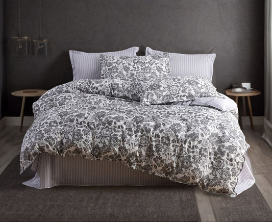 Floral quilt cover set with gray leaf pattern, striped border and two pillow covers