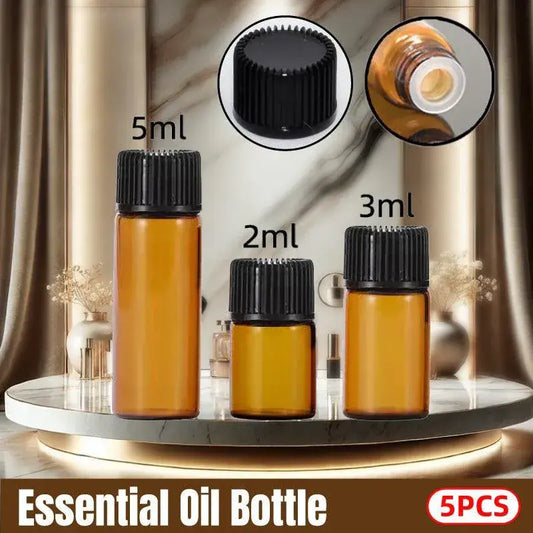 Assorted amber glass sample vials with black ribbed caps, three sizes