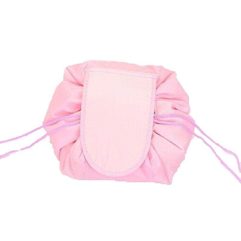 Pink drawstring makeup pouch with smooth front pocket and gathered ruched sides
